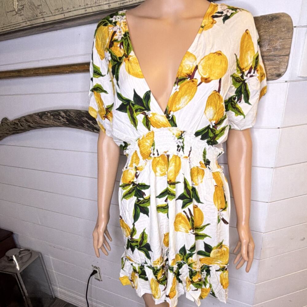 White Lemon Print Short Sleeve V-Neck Smocked Waist Short Sundress Women
